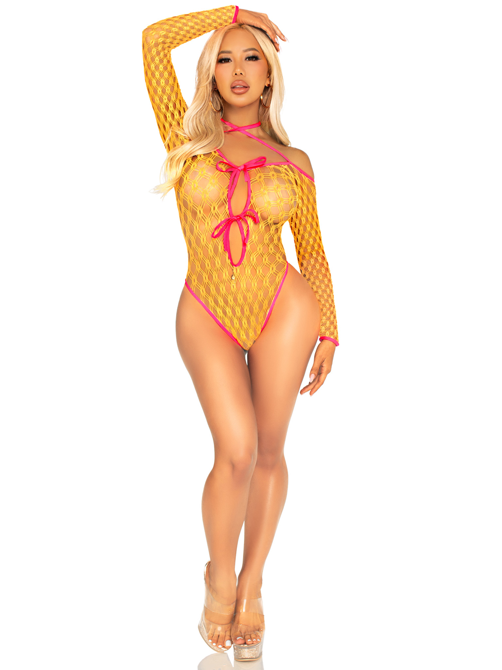 eyelet net teddy with tie front keyhole detail o/s neon orange