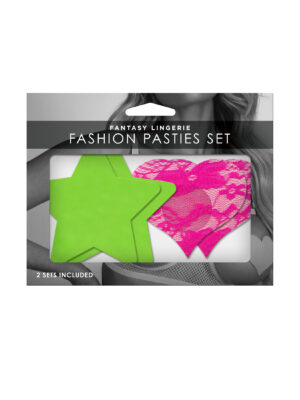 fashion pasties set neon green solid star and neon pink lace heart