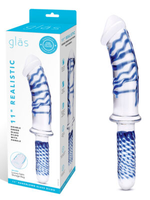 11 inch realistic double ended glass dildo with handle blue/clear