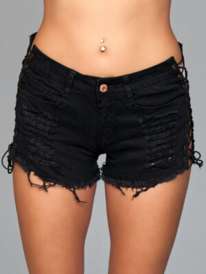 denim shorts with lace up side details and distressed details on front and back small denim shorts with lace up side details and distressed details on front and back small