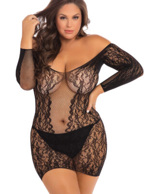 demure long sleeve mini dress black 1x/ 2x