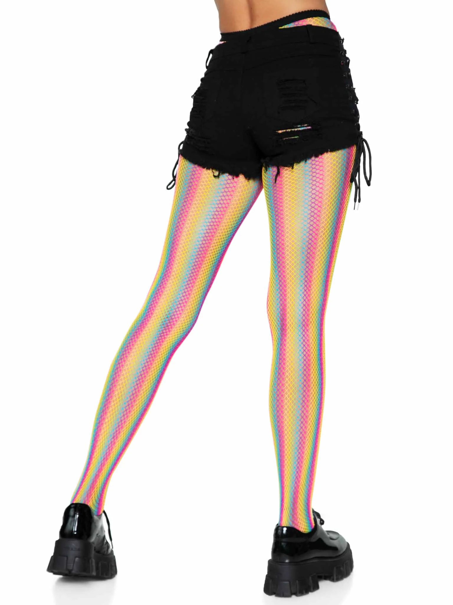 neon rainbow striped fishnet tights one size multicolor
