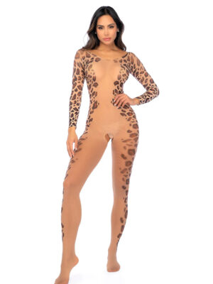 long print sleeve leopard mesh bodystocking os leopard print