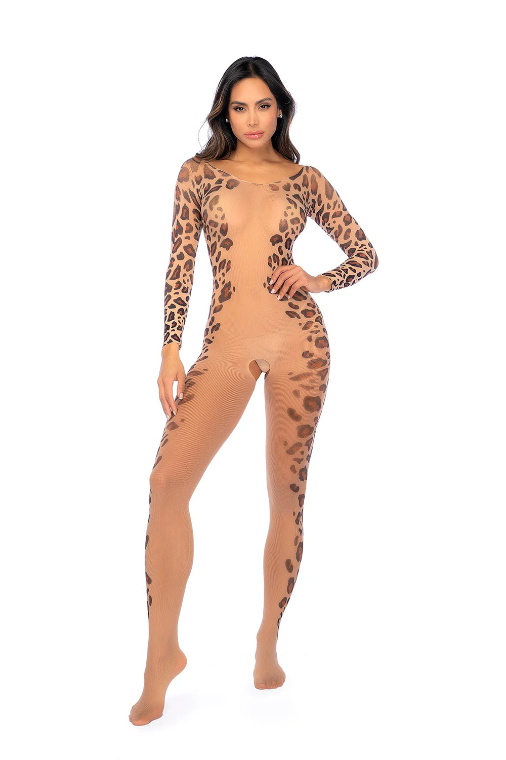 long print sleeve leopard mesh bodystocking os leopard print