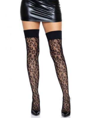 leopard net thigh high with wide band top one size black
