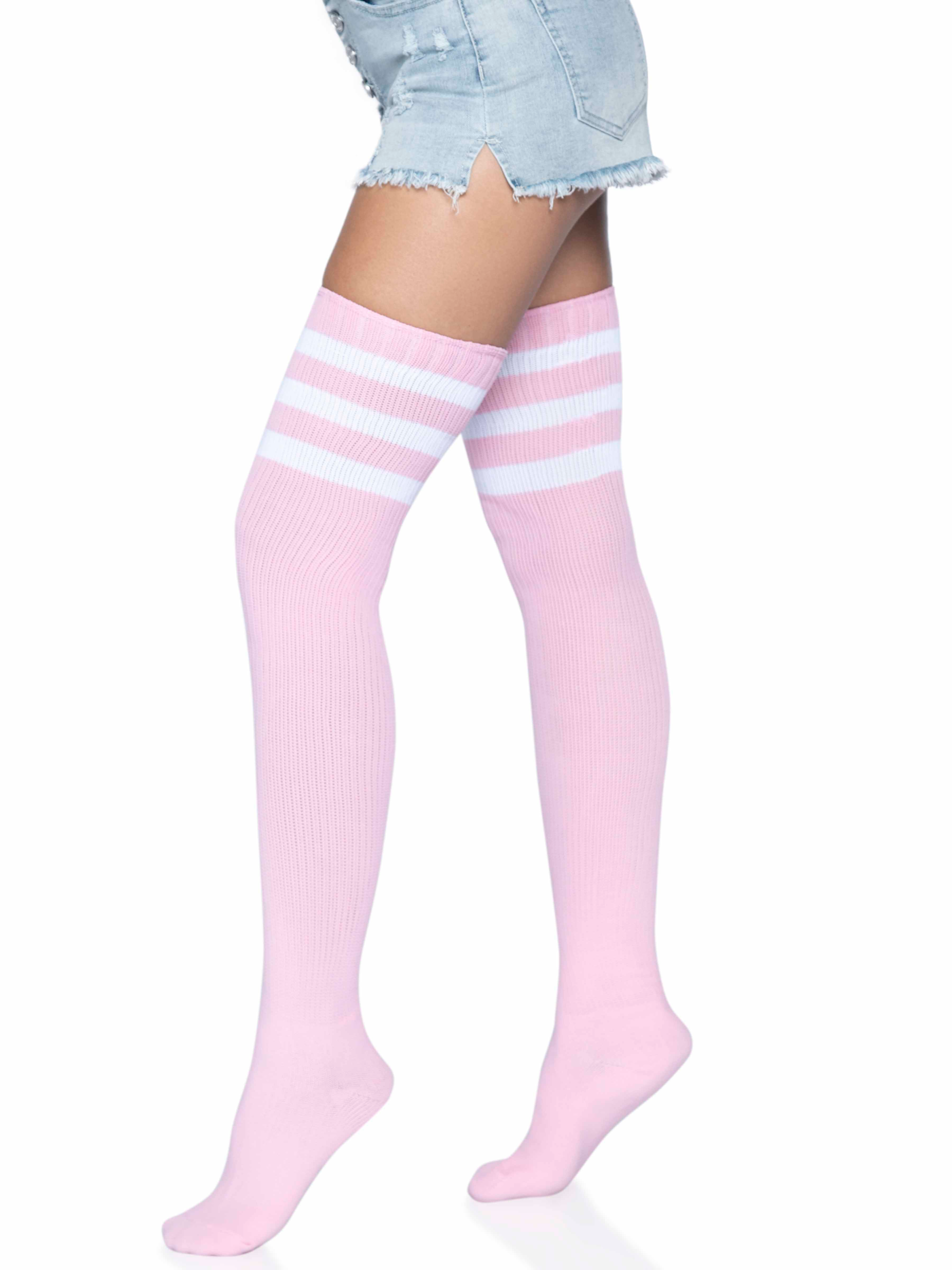 3 stripes athletic ribbed thigh highs one size light pink