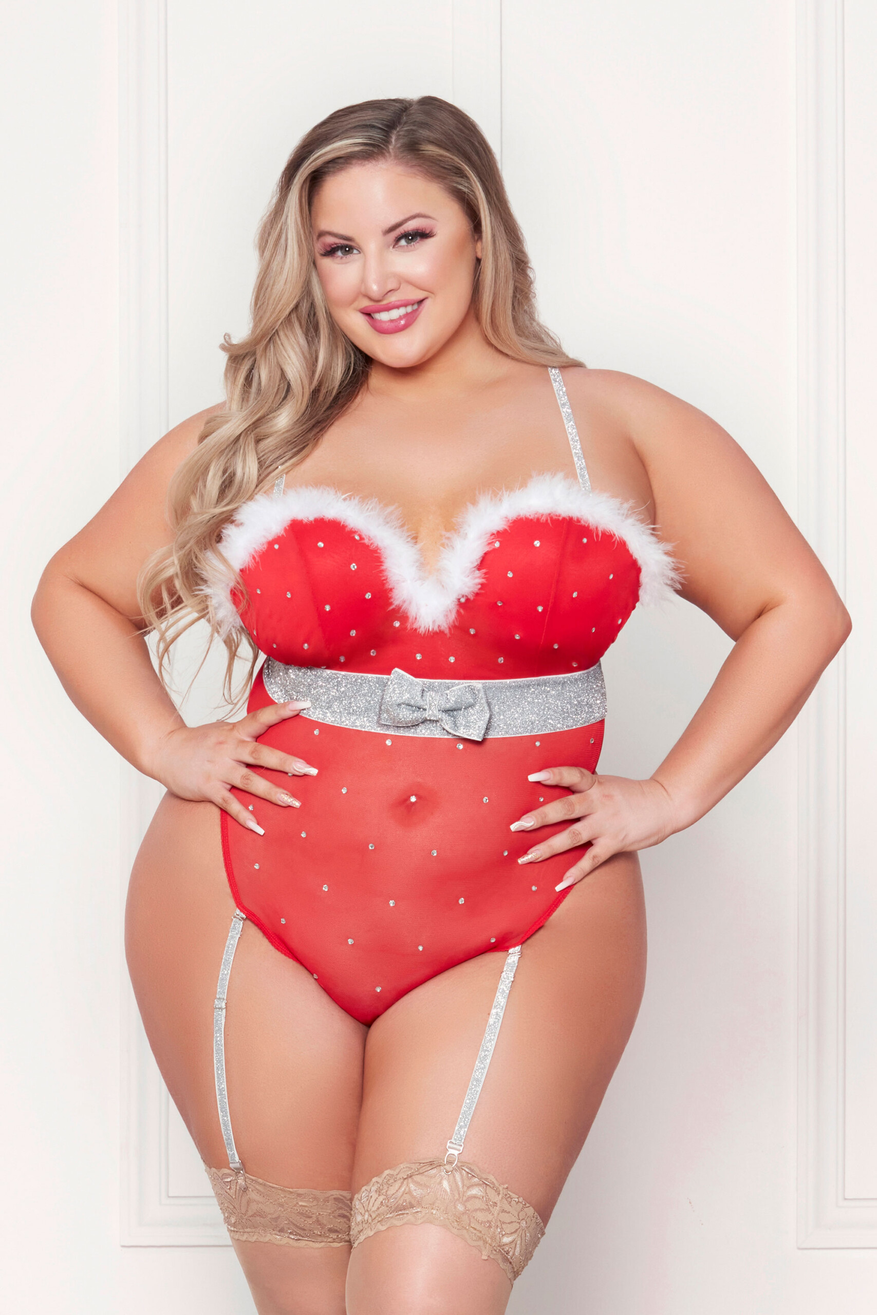 rhinestone studded mesh teddy with marabou trim 1x/2x red