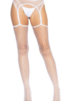 industrial net stockings with scalloped trimmed attached garter belt one size white