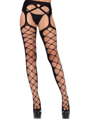 diamond net opaque stockings with attached garter black one size