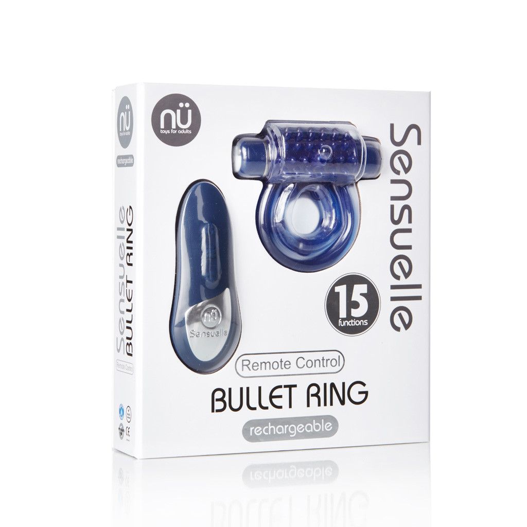 sensuelle remote control 15 function rechargeable bullet ring blue