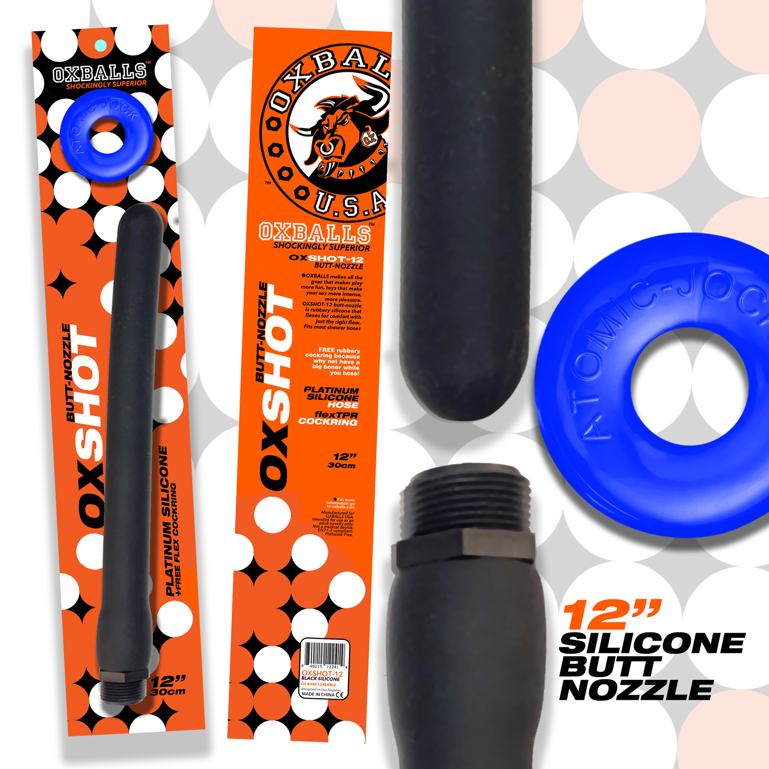 oxshot butt nozzle shower hose 12 inch black blue