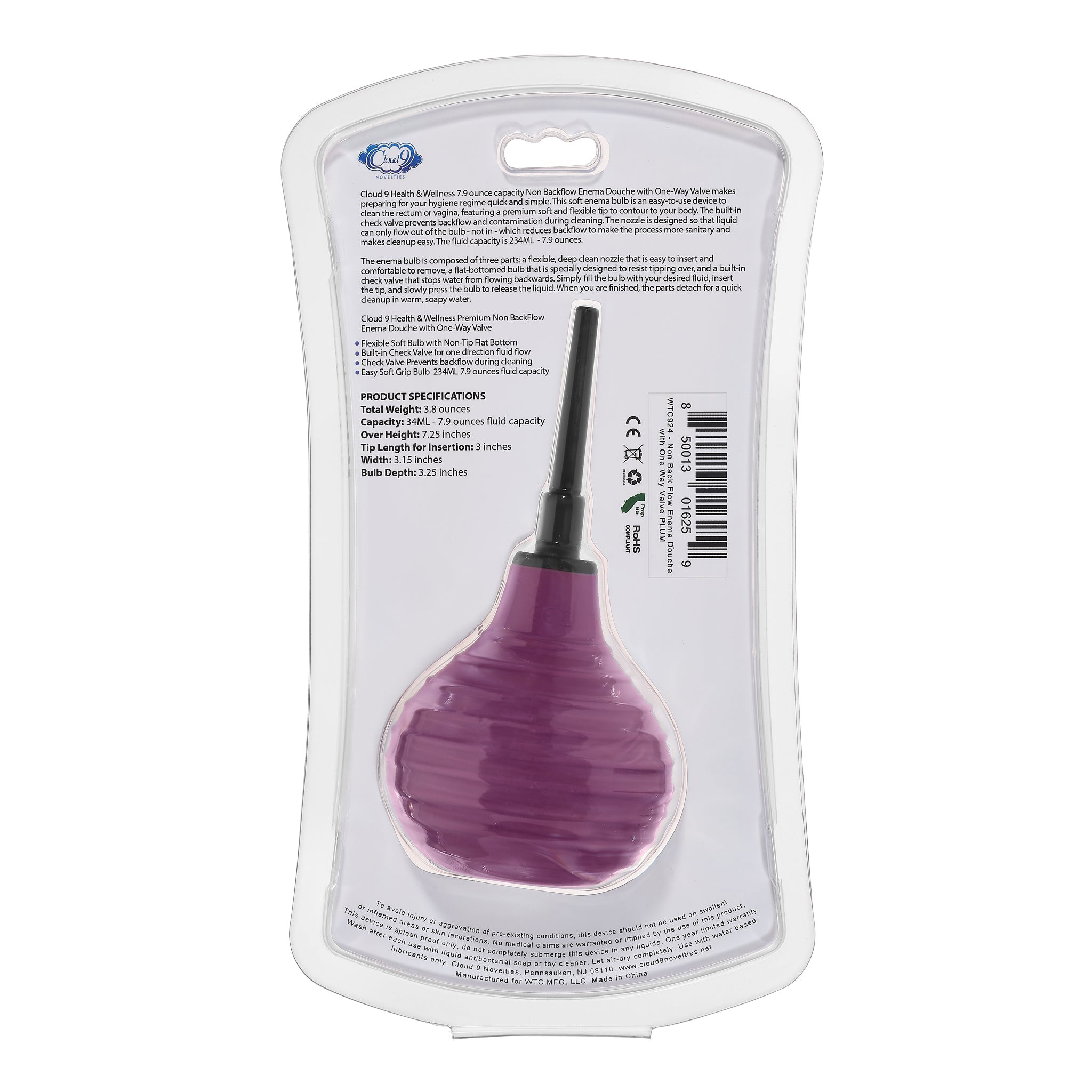 health and wellness deluxe enema douche non backflow one way valve 7.9 fl. oz. plum