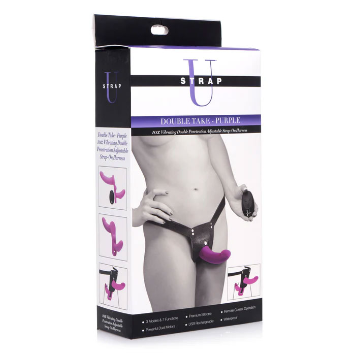 double take 10x vibrating double penetration adjustable strap on purple