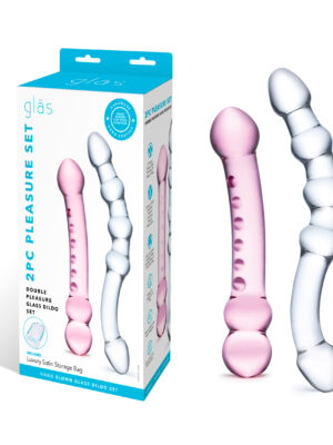 2 pc double pleasure glass dildo set pink/clear