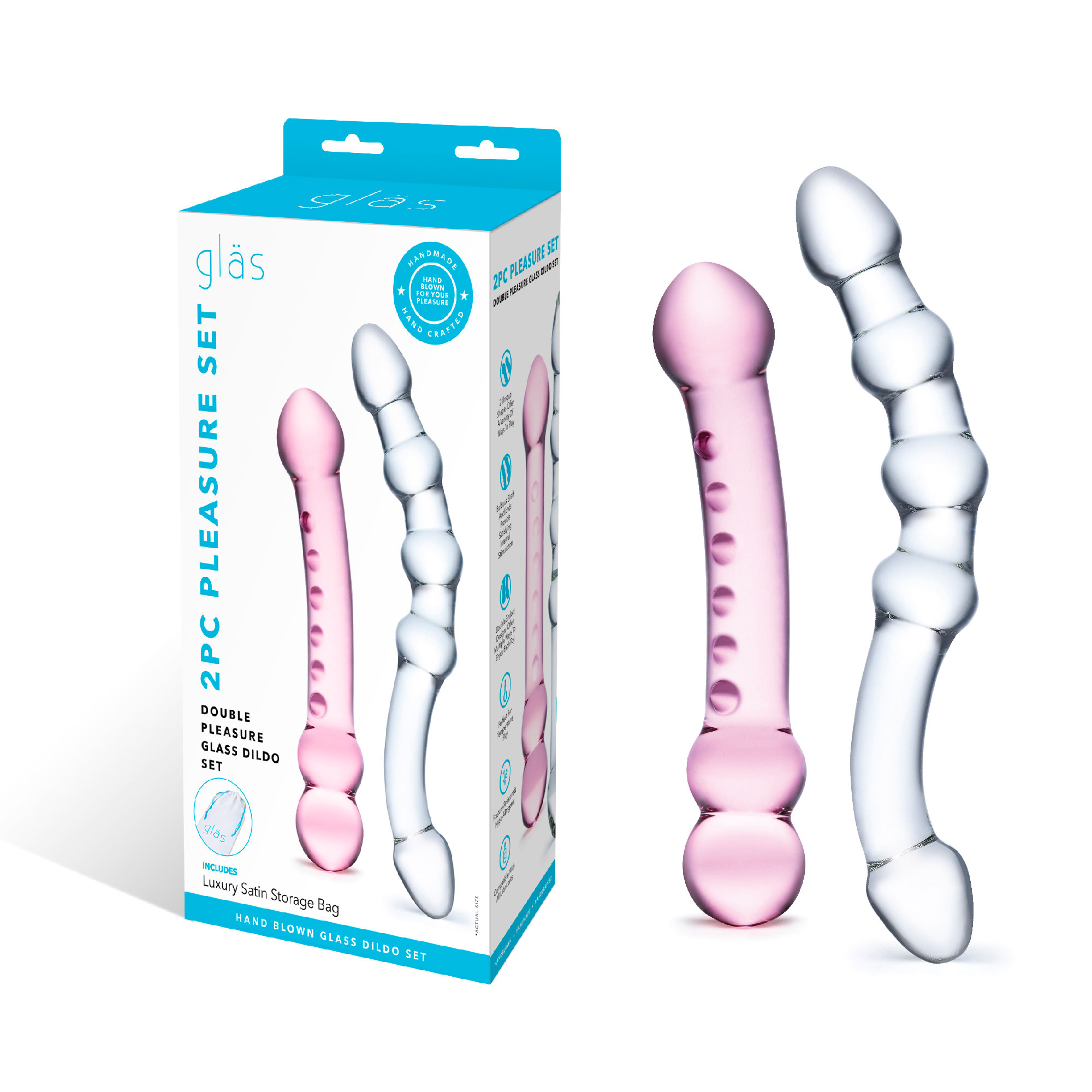 2 pc double pleasure glass dildo set pink/clear