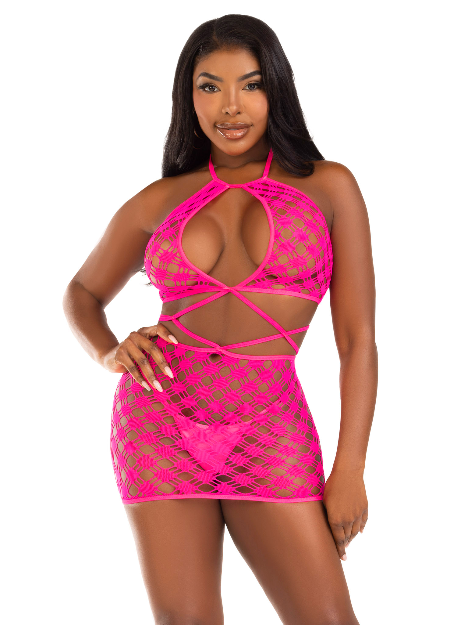 keyhole halter hardcore net mini dress one size neon pink