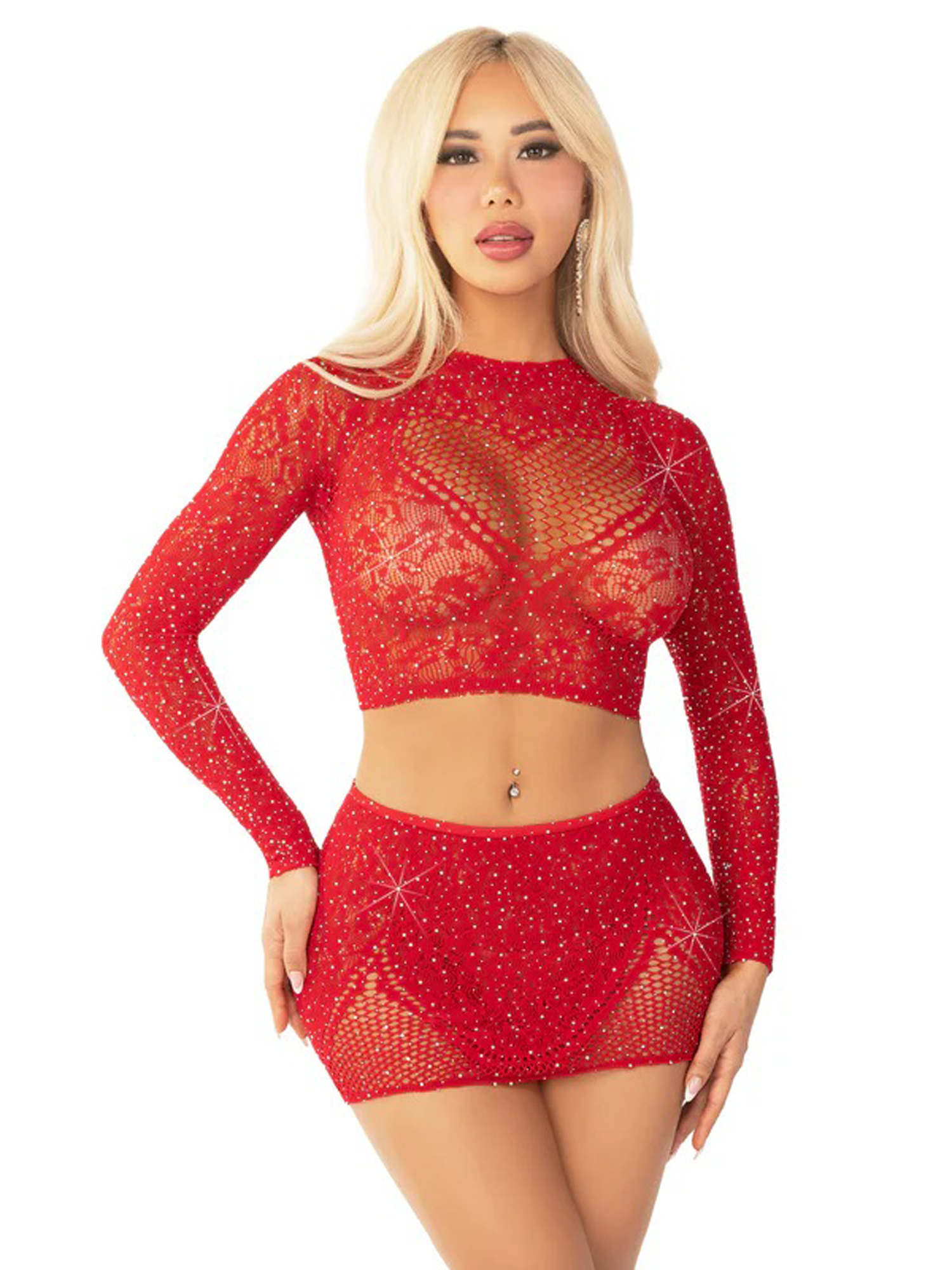 red 2pc rhinestone lace and net crop top with heart keyhole mini skirt os