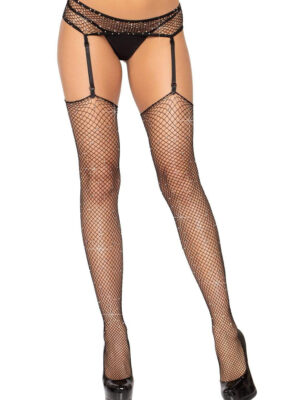 rhinestone fishnet stockings and garter belt one size black