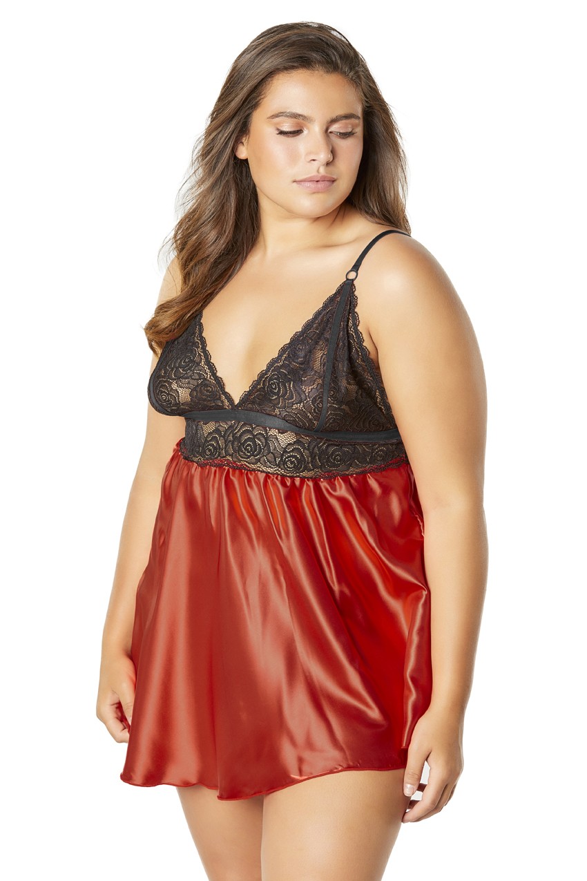 lace cup satin empire body babydoll with contrast color piping + g string black/red 3x4x lace cup satin empire body babydoll with contrast color piping + g string black/red 3x4x