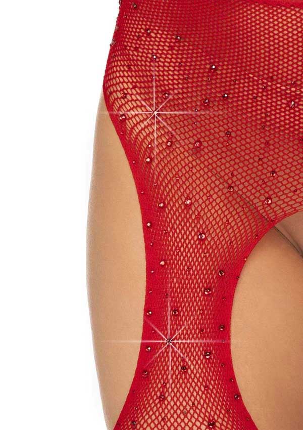 casey rhinestone fishnet suspender pantyhose one size red