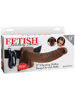 fetish fantasy series 9 inch vibrating hollow strap on with balls brown