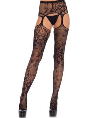 floral lace stockings with attached waist garterbelt black one size
