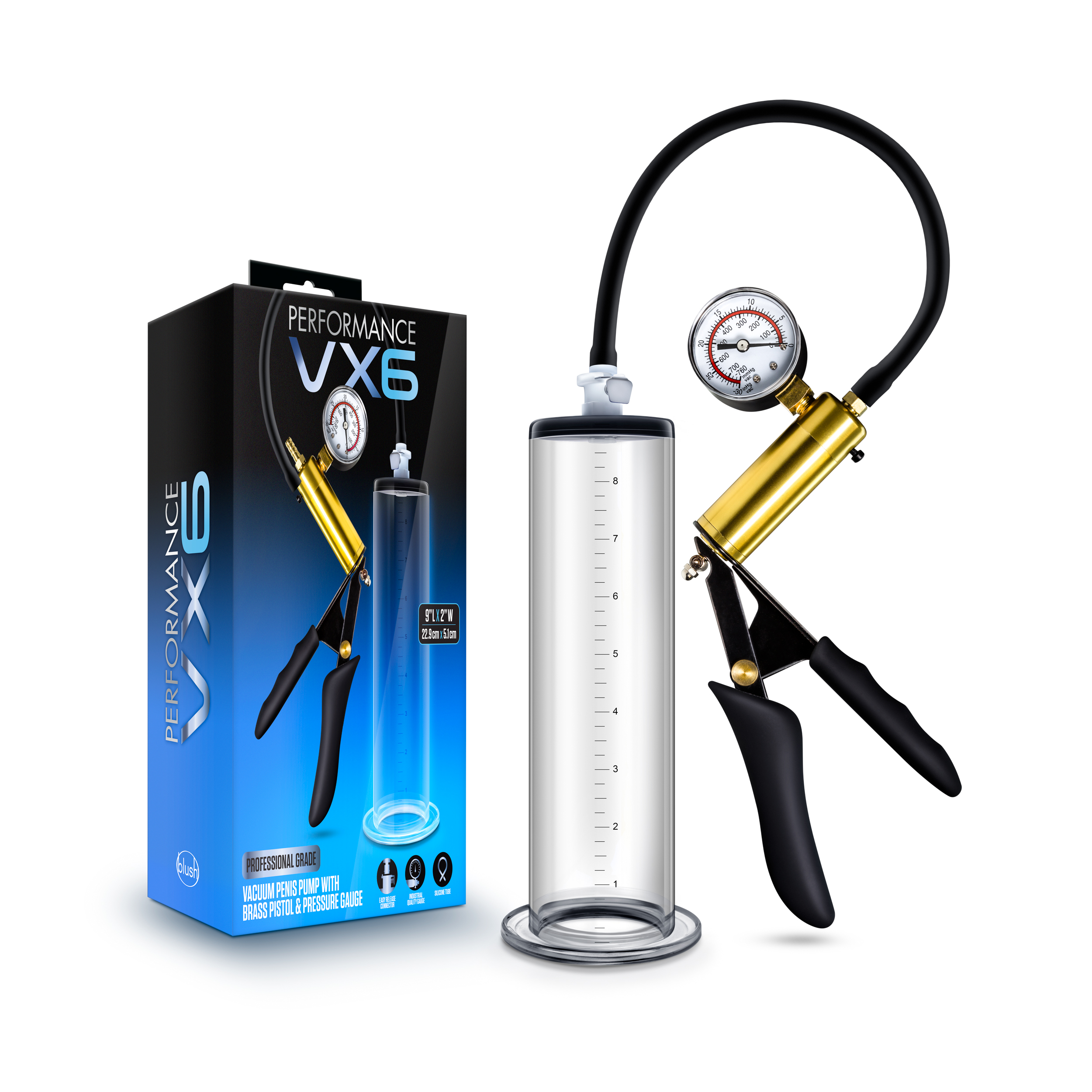 performance vx6 vacuum penis pump with brass pistol & pressure gauge clear