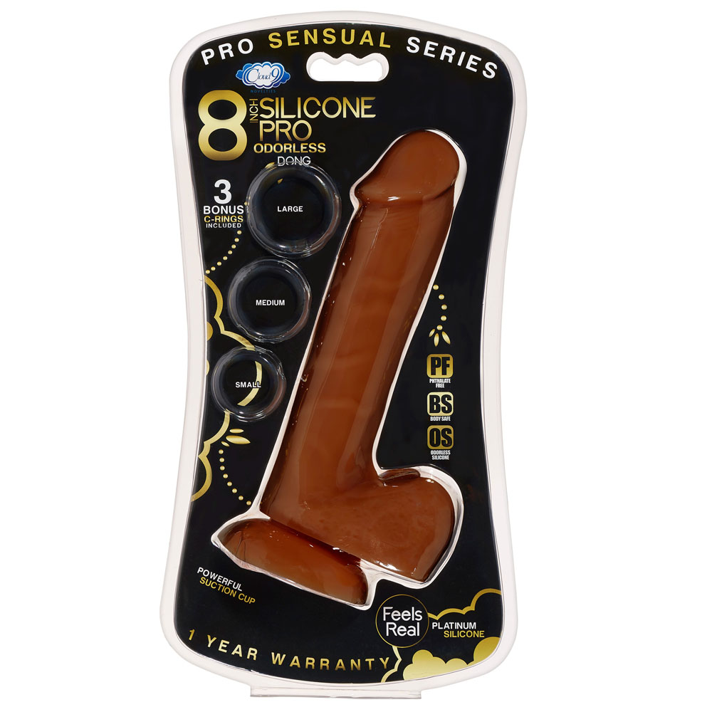 pro sensual premium silicone 8 inch dong with 3 cockrings brown