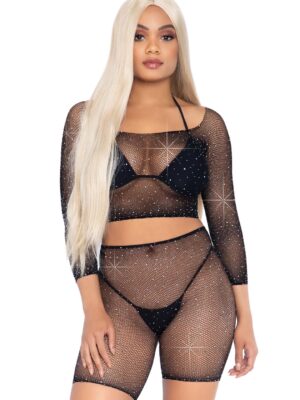 2 pc rhinestone fishnet crop top and biker shorts black one size 2 pc rhinestone fishnet crop top and biker shorts black one size