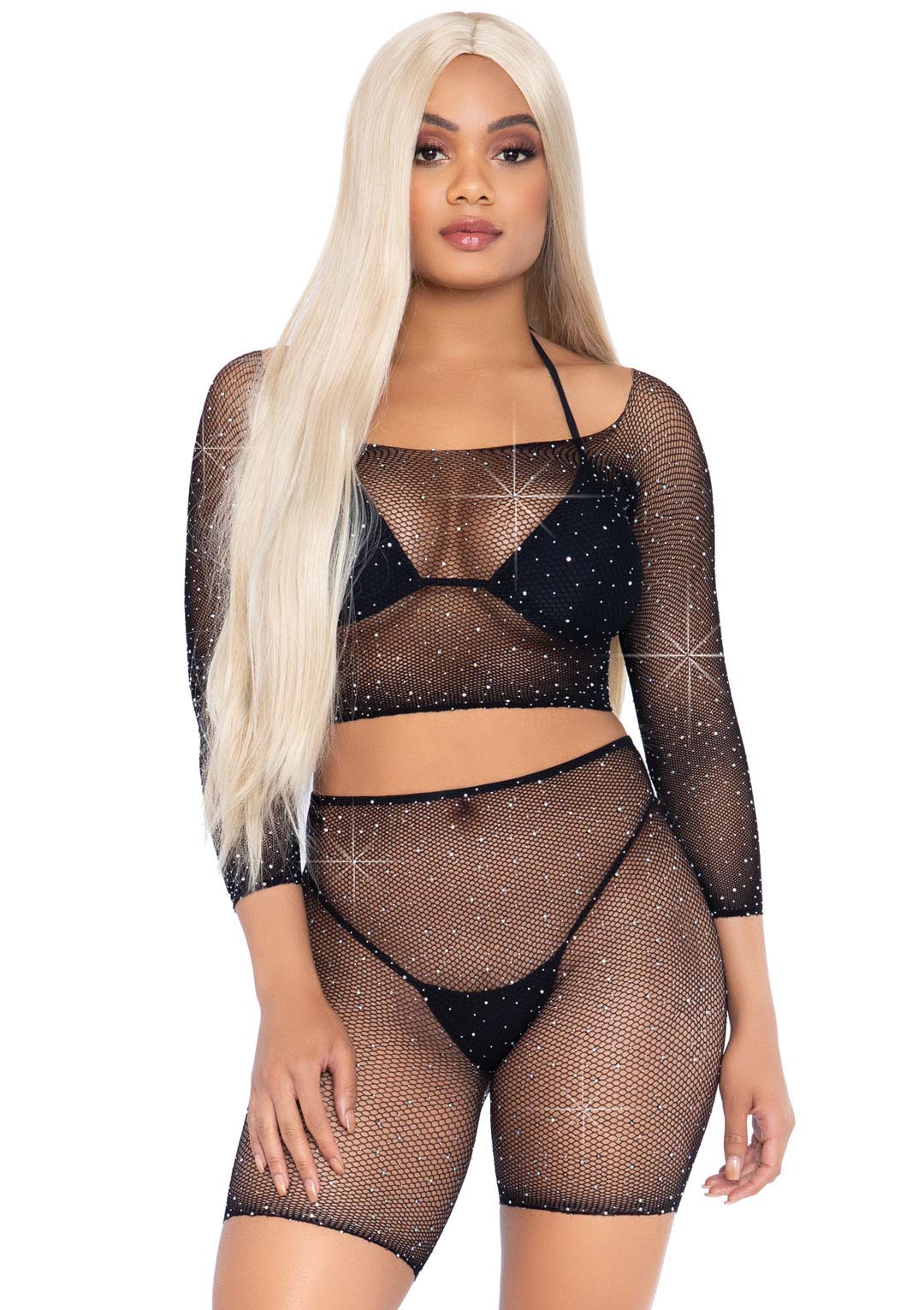 2 pc rhinestone fishnet crop top and biker shorts black one size 2 pc rhinestone fishnet crop top and biker shorts black one size