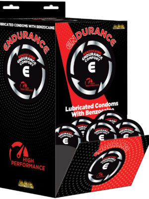 endurance lubricated comfort benzocaine condoms display