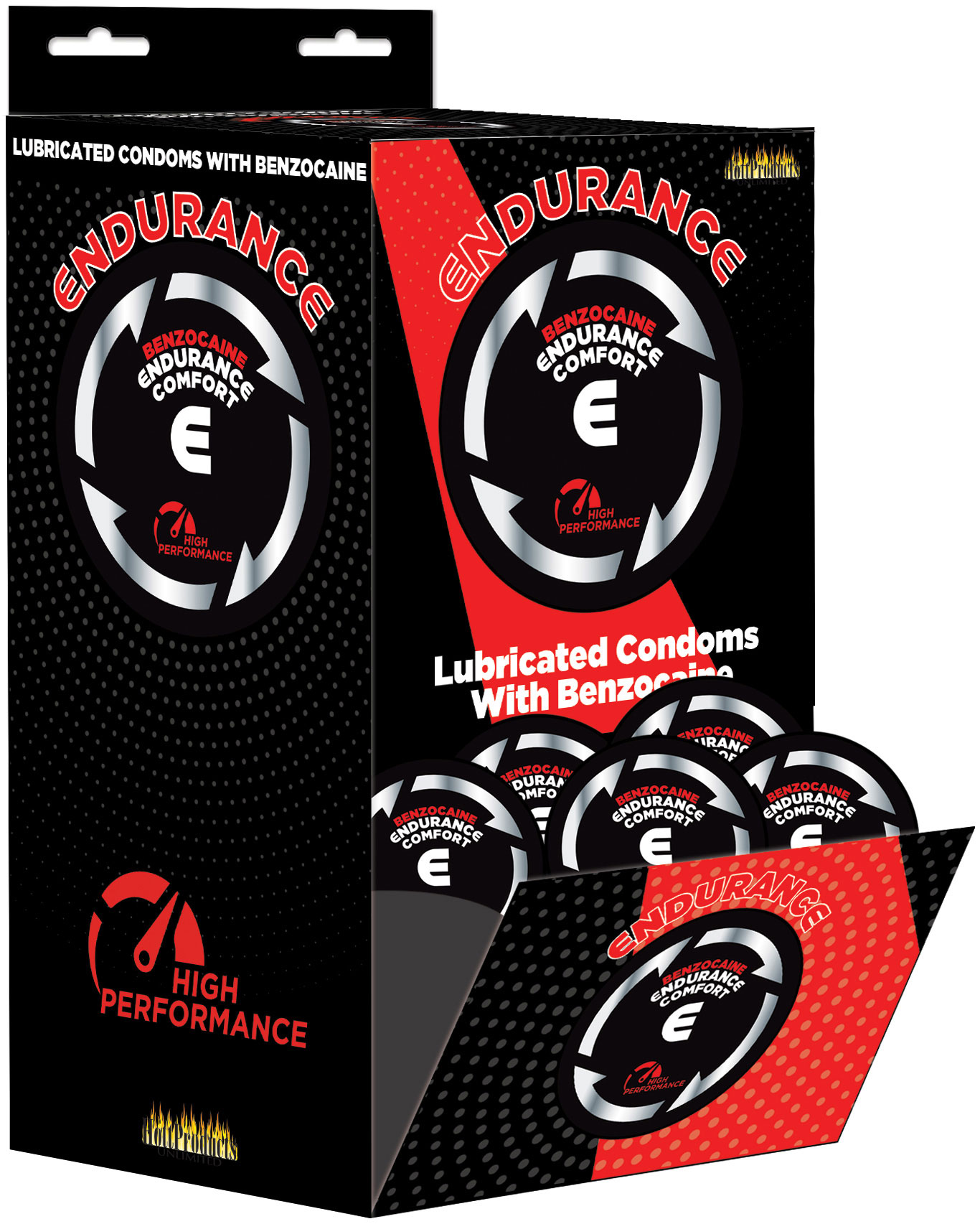 endurance lubricated comfort benzocaine condoms display