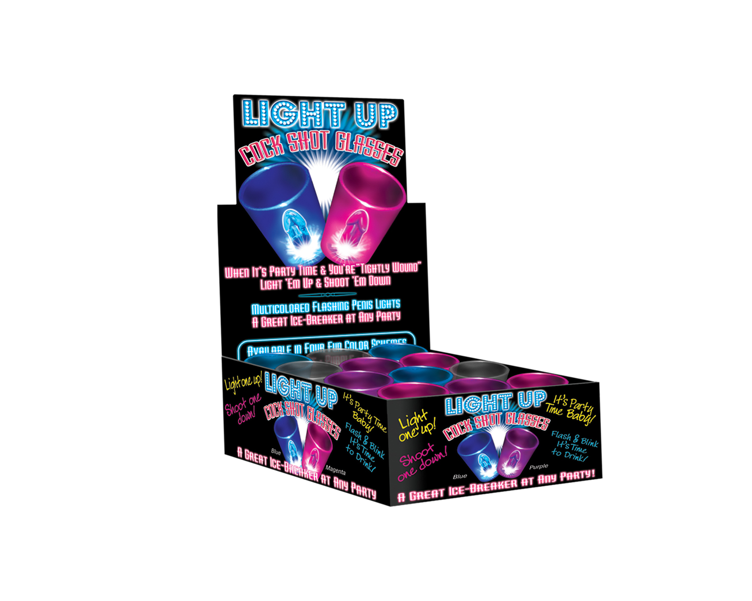 light up cock shot glasses 12 piece p.o.p. display assorted colors