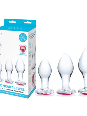 3 pc heart jewel glass anal training kit clear/pink