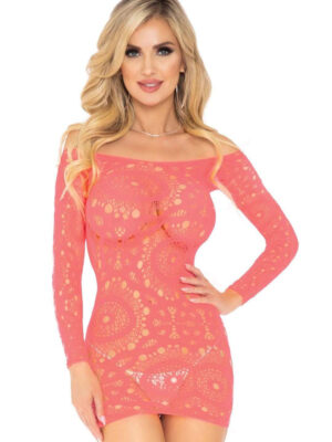 crochet lace long sleeve mini dress coral one size
