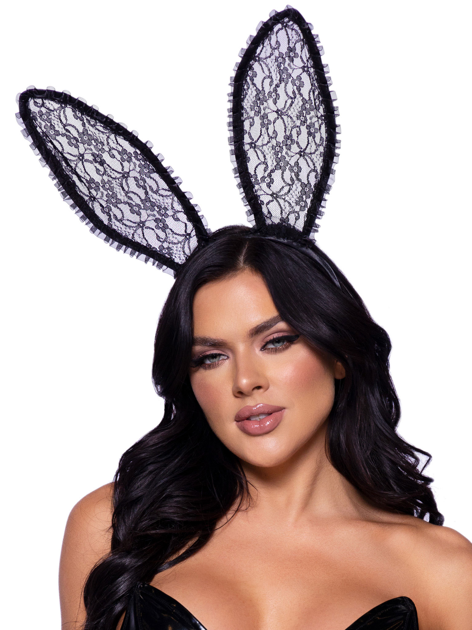 ruffle trimmed bendable lace bunny ears black ruffle trimmed bendable lace bunny ears black