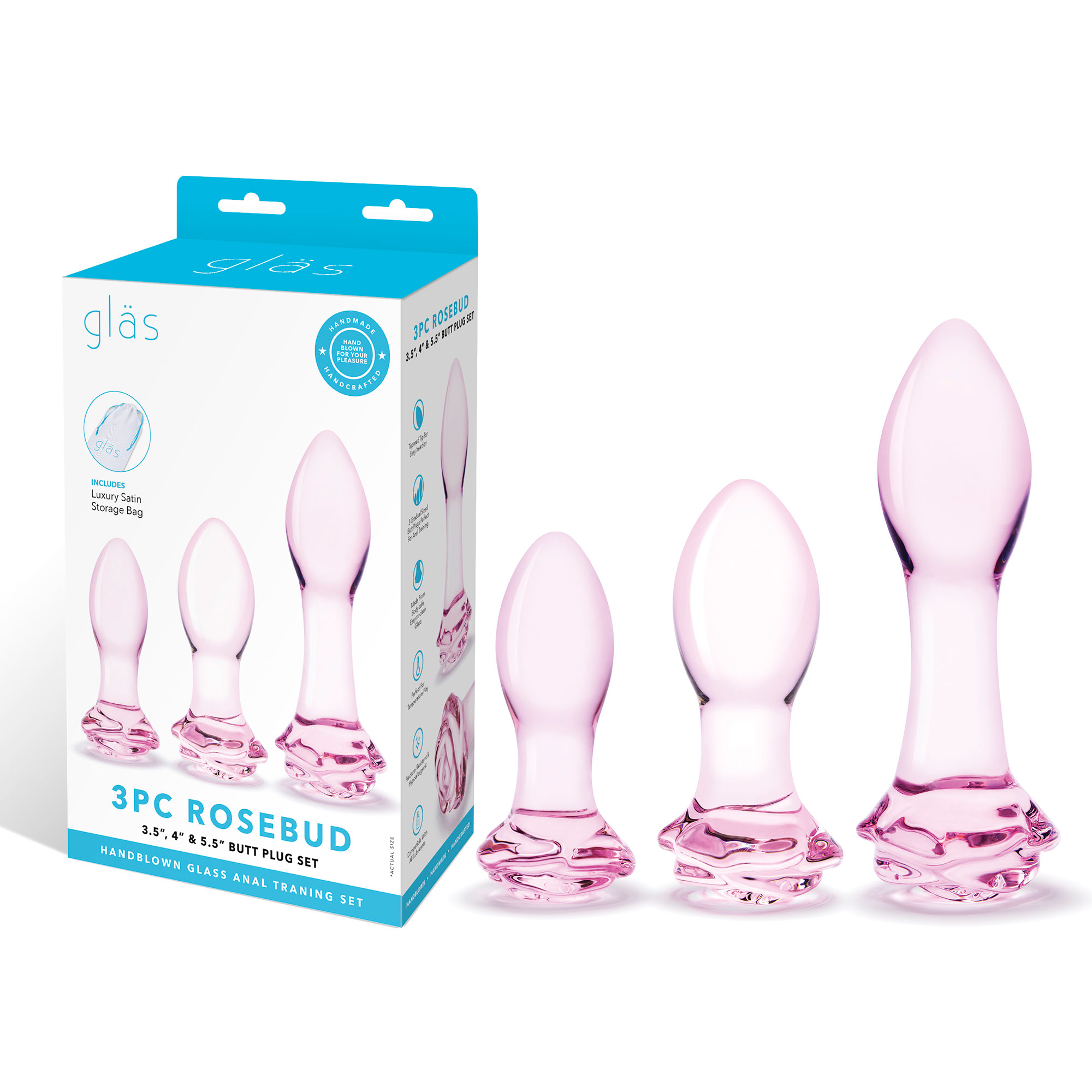 3 pc rosebud butt plug set pink
