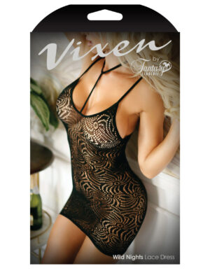 wild nights harness stretch lace dress with open back one size xl