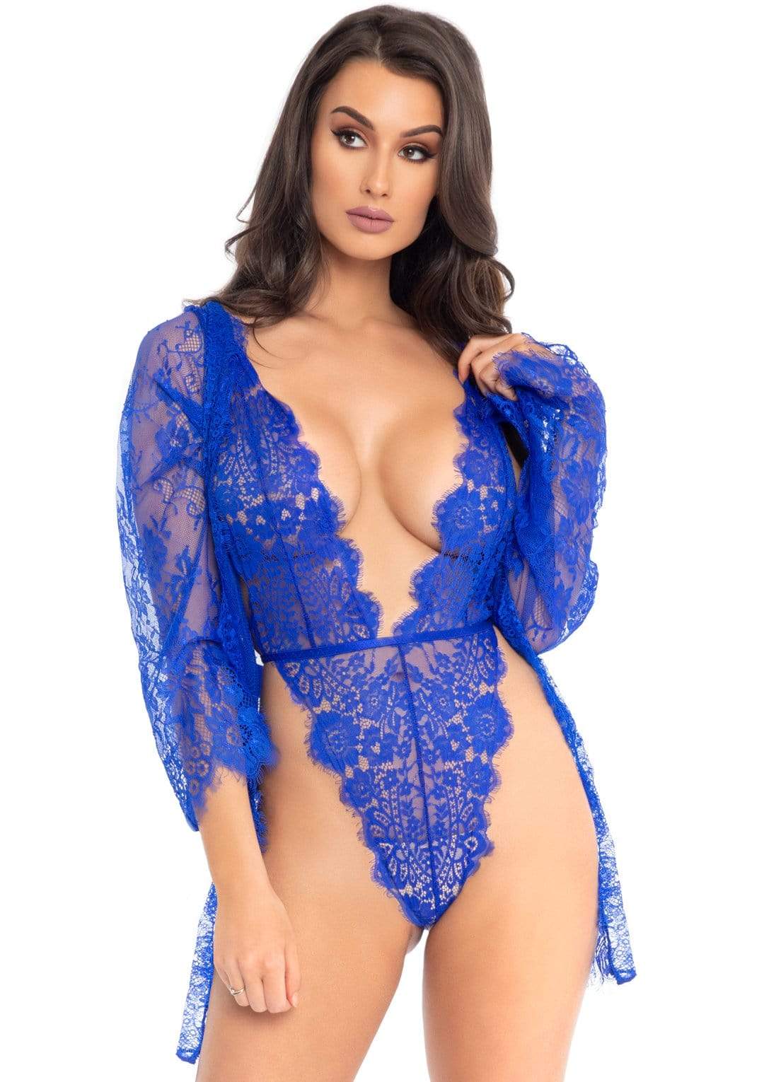 3pc lace teddy and robe set royal blue large