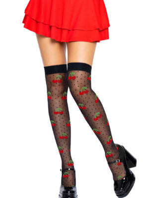 sheer polka dot cherry thigh highs one size black/red