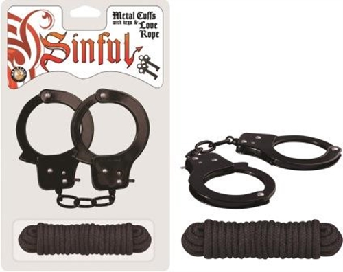 sinful metal cuffs with keys & love rope black