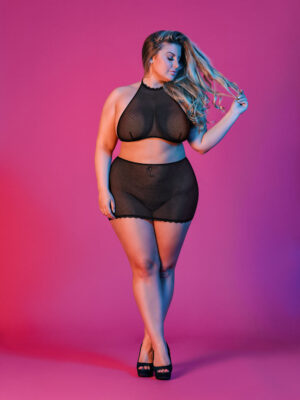 sexy time polka dot mesh halter and skirt set black 1x 3x