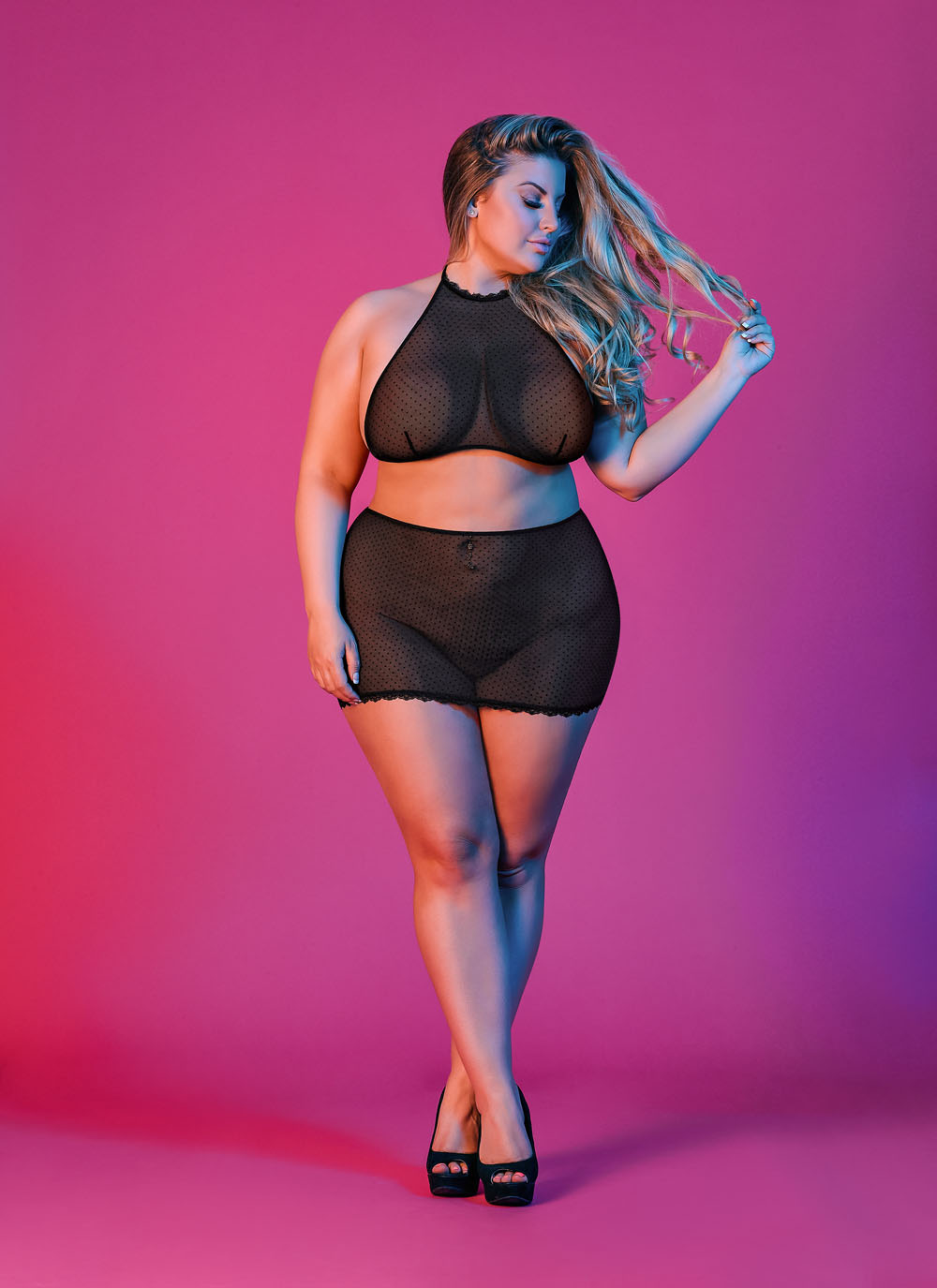 sexy time polka dot mesh halter and skirt set black 1x 3x