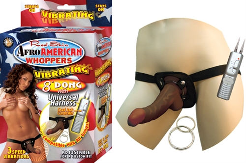afro american whoppers vibrating 8 inch dong with universal harness brown
