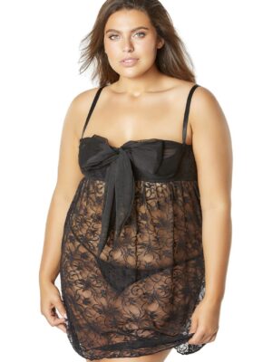 lace empire babydoll with functional tie shelf cups g string black 3x/4x lace empire babydoll with functional tie shelf cups g string black 3x/4x