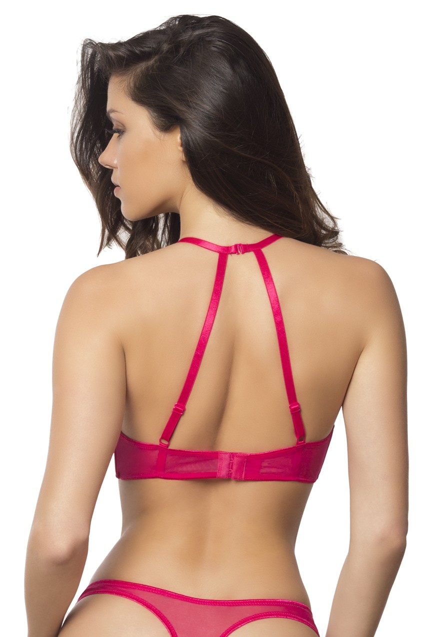 high neck bra with diagonal eyelash lace panels large bright rose