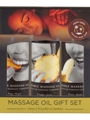 edible massage oil gift set box 2 fl. oz. bottles banana, mango, pineapple