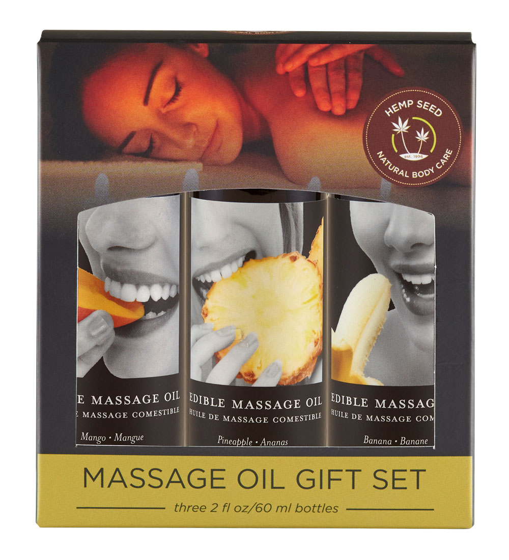 edible massage oil gift set box 2 fl. oz. bottles banana, mango, pineapple