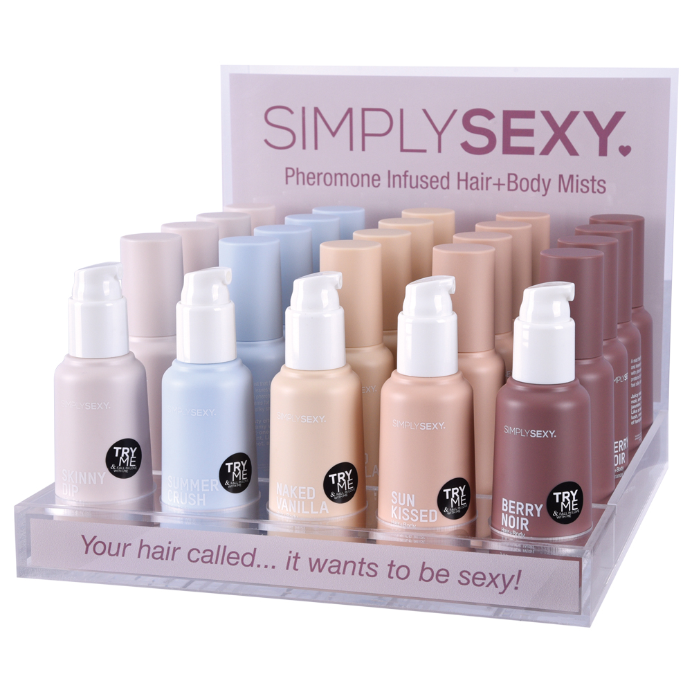 simply sexy pheromone hair and body mist acrylic display with testers 26pc