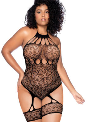 leopard halter fishnet bodysuit curve os black
